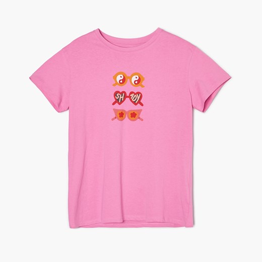 Cropp - Różowy t-shirt z nadrukiem - Różowy Cropp S wyprzedaż Cropp