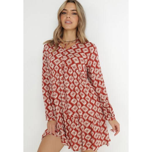 Czerwona Sukienka Rozkloszowana w Geometryczny Wzór Zirami ze sklepu Born2be Odzież w kategorii Sukienki - zdjęcie 144605585