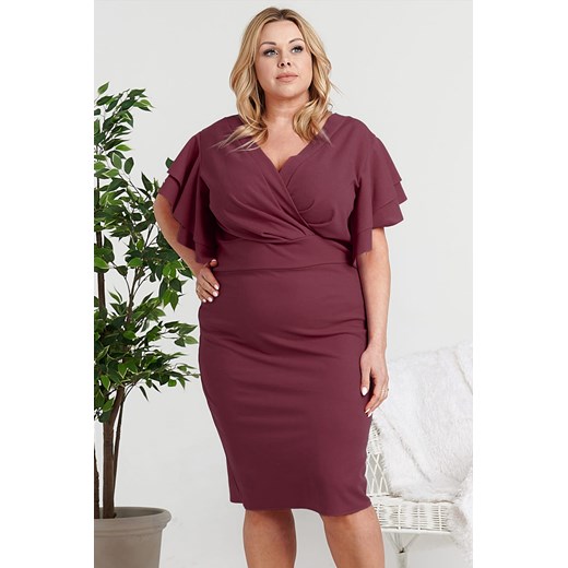 Sukienka dopasowana kopertowy dekolt odcięcie w talii ozdobne rękawki AISZA Karko Plus Size karko.pl
