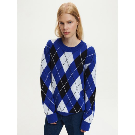 Reserved - UNISEX Sweter w romby z wełną - Niebieski Reserved L Reserved