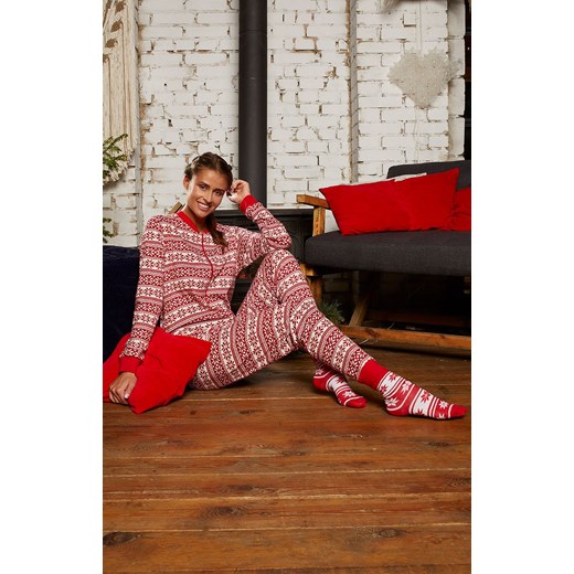 Kombinezon damski piżama jednoczęściowa w norweski wzór Alaska, Kolor czerwony-wzór, Rozmiar L, Italian Fashion ze sklepu Intymna w kategorii Piżamy damskie - zdjęcie 144725419