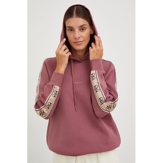 Guess bluza damska kolor różowy z kapturem z aplikacją Guess XS ANSWEAR.com