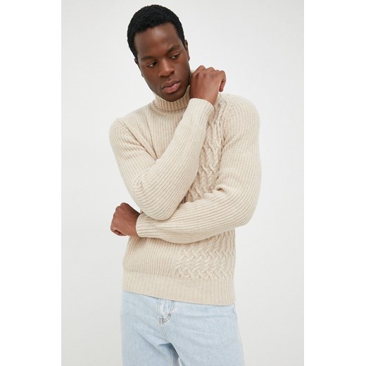 Trussardi sweter wełniany męski kolor beżowy z golferm Trussardi XL ANSWEAR.com