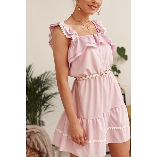 Lawendowa sukienka mini z falbankami 258 UNIW okazyjna cena fasardi.com