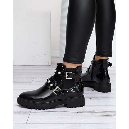 Czarne lakierowane botki damskie z perełkami Visos- Obuwie Royalfashion.pl 39 royalfashion.pl