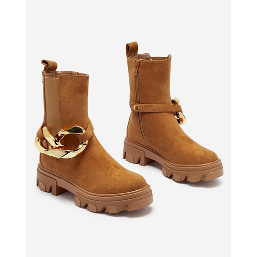 Damskie wysokie botki ze złotym łańcuszkiem w kolorze camel Elrudi - Obuwie Royalfashion.pl 36 royalfashion.pl
