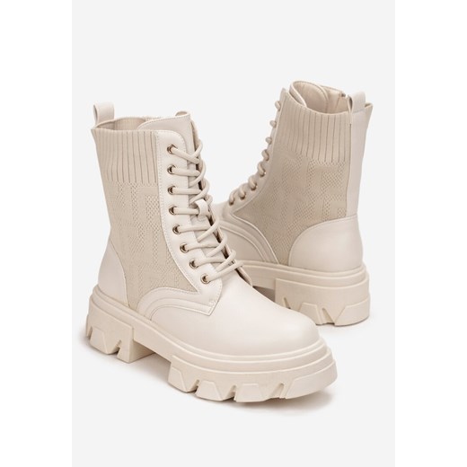 Beżowe Botki Workery z Prążkowaną Cholewką Dianilla Renee 39 renee.pl