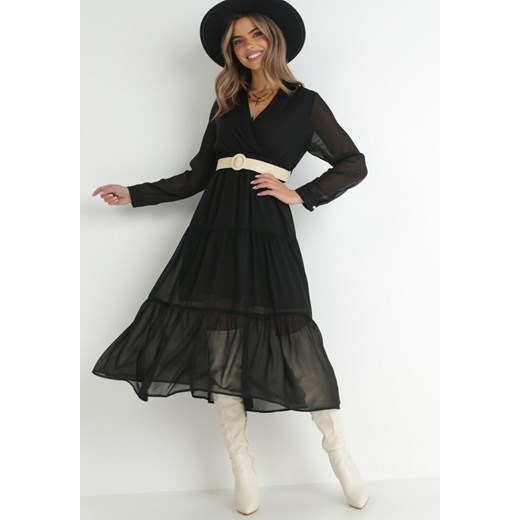 Czarna Sukienka z Kopertowym Dekoltem i Plecionym Paskiem Dirmi ze sklepu Born2be Odzież w kategorii Sukienki - zdjęcie 145070815