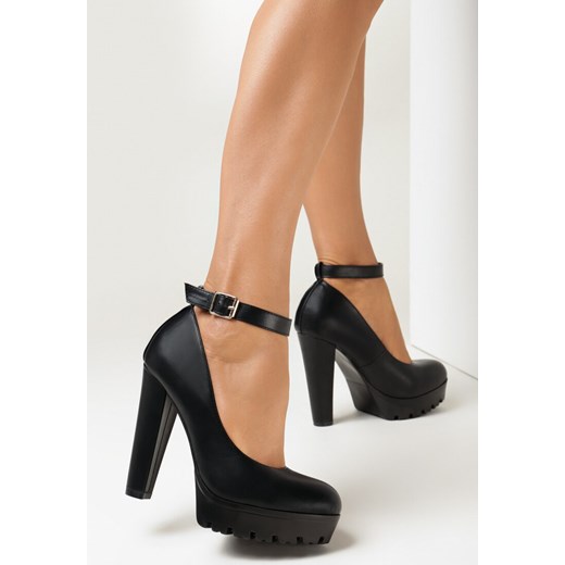 Czarne Czółenka na Wysokim Słupku i Platformie z Paskiem Zisse 38 okazja born2be.pl