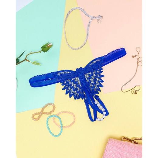 Kobaltowe stringi damskie z koronką i koralikami - Bielizna Royalfashion.pl Uniwersalny royalfashion.pl
