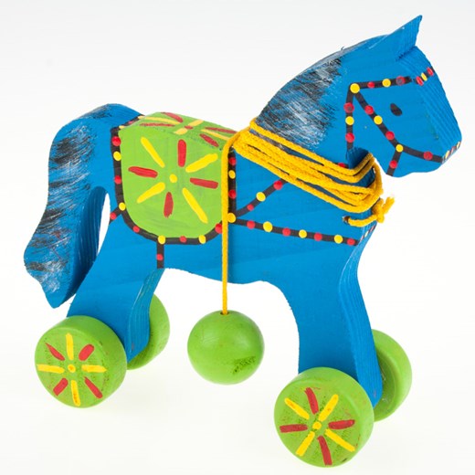 Tradycyjna zabawka ludowa - folk konik na kółkach - niebieski z kulką folkstar-pl niebieski drewno