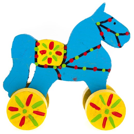 Tradycyjna zabawka ludowa - mały folk konik na kółkach - niebieski folkstar-pl turkusowy abstrakcyjne wzory