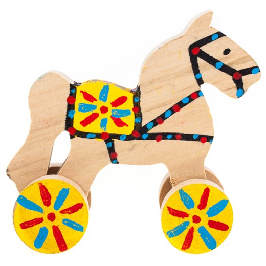 Tradycyjna zabawka ludowa - mały eko folk konik na kółkach - żółte siodełko folkstar-pl bezowy drewno