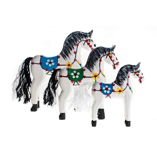 Tradycyjna zabawka ludowa - ręcznie rzeźbiony średni konik w ludowe wzory - biały folkstar-pl  drewno
