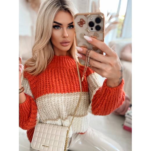 Sweter w beżowe i pomarańczowe paski Viteris E218 Bellerina ONE SIZE Charlotte Fashion