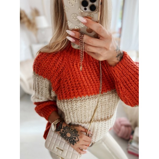 Sweter w beżowe i pomarańczowe paski Viteris E218 Bellerina ONE SIZE Charlotte Fashion
