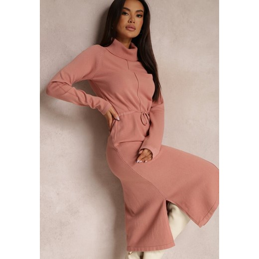 Różowa Sukienka z Wełną i Golfem Wiązana w Talii Alciolea Renee L promocyjna cena Renee odzież