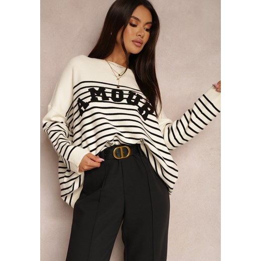 Beżowy Sweter Oversize w Paski Sakinah Renee ONE SIZE Renee odzież okazja