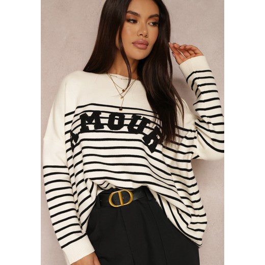 Beżowy Sweter Oversize w Paski Sakinah Renee ONE SIZE promocja Renee odzież