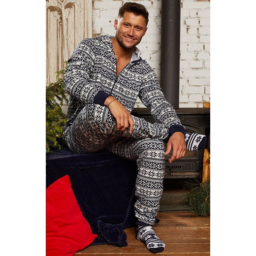Kombinezon męski piżama jednoczęściowa w norweski wzór Alaska, Kolor granatowy-wzór, Rozmiar S, Italian Fashion ze sklepu Intymna w kategorii Piżamy męskie - zdjęcie 145796399
