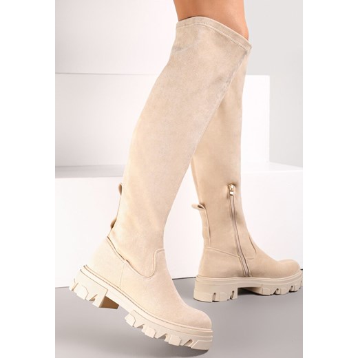 Beżowe Kozaki za Kolano z Dopasowaną Cholewką z Łańcuchem Yorie Renee 39 wyprzedaż renee.pl
