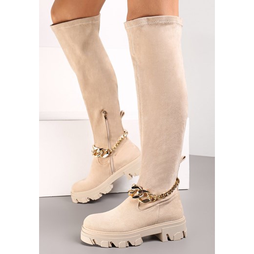 Beżowe Kozaki za Kolano z Dopasowaną Cholewką z Łańcuchem Yorie Renee 36 okazyjna cena renee.pl