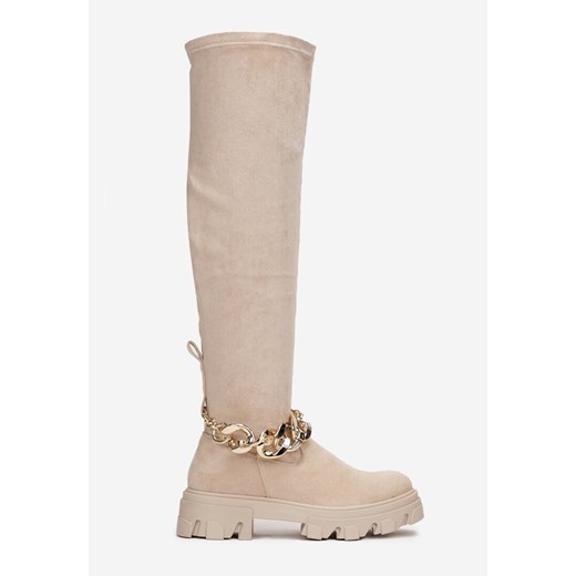 Beżowe Kozaki za Kolano z Dopasowaną Cholewką z Łańcuchem Yorie Renee 41 okazyjna cena renee.pl
