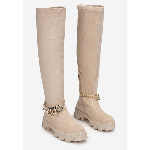 Beżowe Kozaki za Kolano z Dopasowaną Cholewką z Łańcuchem Yorie Renee 41 okazja renee.pl