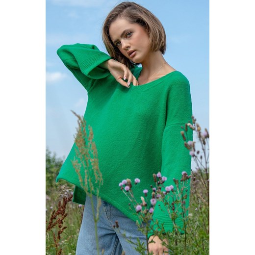Oversizowy sweter z dekoltem w serek w kolorze zielonym F1469, Kolor zielony, Fobya L/XL Primodo