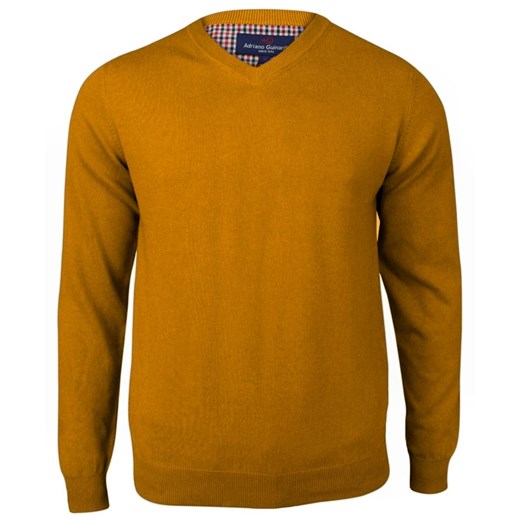 Sweter Musztardowy w Serek (V-neck), Męski, Klasyczny, Elegancki -Adriano Guinari SWADGAW22spruceyellow ze sklepu JegoSzafa.pl w kategorii Swetry męskie - zdjęcie 145964747