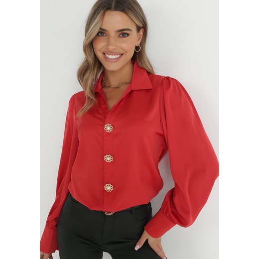 Czerwona Koszula Satynowa na Guziki Hemi ze sklepu Born2be Odzież w kategorii Koszule damskie - zdjęcie 146026349