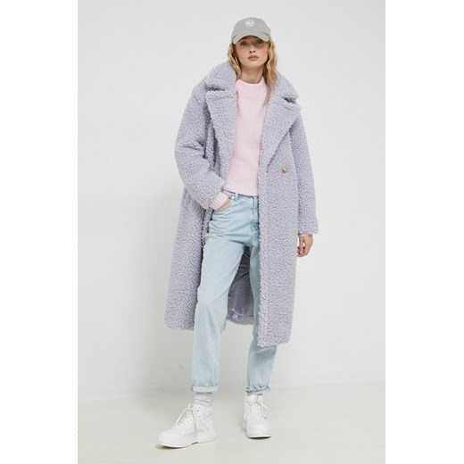 UGG płaszcz damski kolor fioletowy przejściowy dwurzędowy M ANSWEAR.com