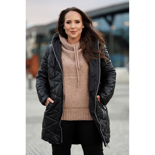 Czarna długa zimowa kurtka pikowana z błyszczącym wzorem w pepitkę - Elenis, 5xl (46/48) Sklep XL-KA