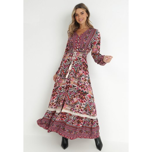 Fuksjowa Sukienka z Gumką w Talii w Etno Wzór Tilfa ze sklepu Born2be Odzież w kategorii Sukienki - zdjęcie 146394757