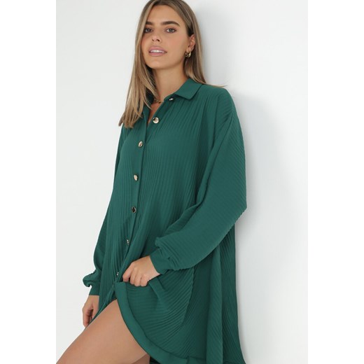 Zielona Sukienka Plisowana Koszulowa Volno ze sklepu Born2be Odzież w kategorii Sukienki - zdjęcie 146400587