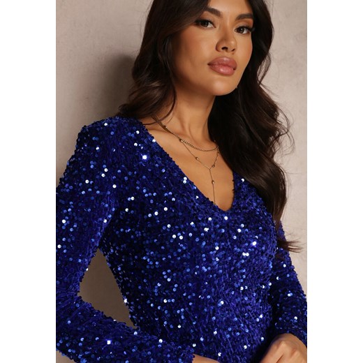 Granatowa Sukienka z Cekinami i Wycięciem Lalli Renee S Renee odzież okazyjna cena