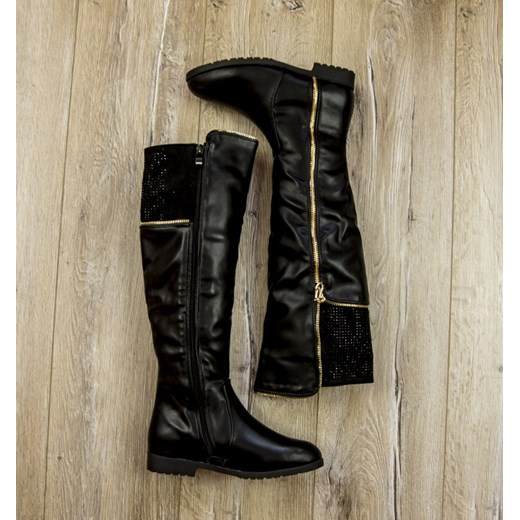 Kozaki Black Boots Gold Zipper and Black Rhinestones born2be-pl bezowy futra