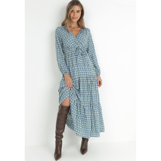 Miętowo-Niebieska Sukienka z Kopertowym Dekoltem i Falbaną na Dole Irelile ze sklepu Born2be Odzież w kategorii Sukienki - zdjęcie 146556018