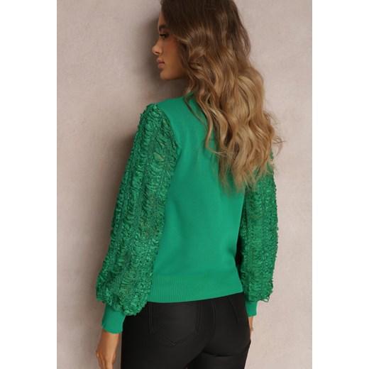 Zielony Sweter z Bufiastym Ażurowym Rękawem Fenavy ze sklepu Renee odzież w kategorii Swetry damskie - zdjęcie 146731935