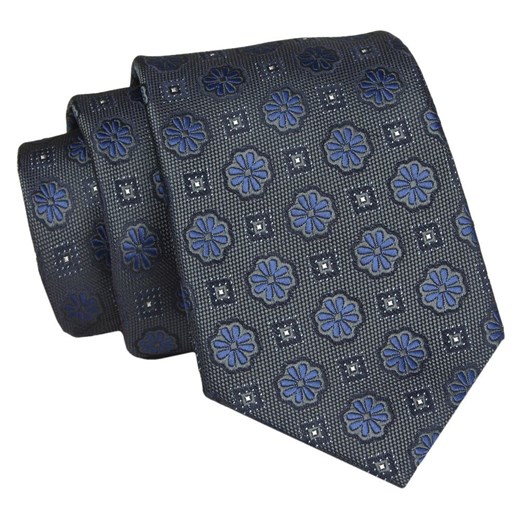 Męski Krawat - Grafitowy, Granatowe Akcenty - Angelo di Monti  KRADM1955 ze sklepu JegoSzafa.pl w kategorii Krawaty - zdjęcie 146748338