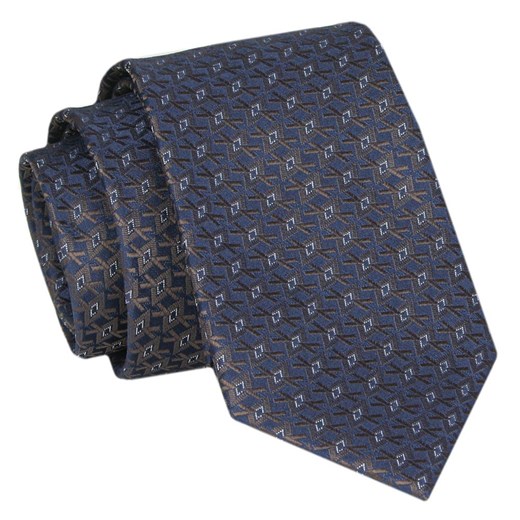 Męski Krawat - Granat z Brązowymi Akcentami - Angelo di Monti  KRADM1928 ze sklepu JegoSzafa.pl w kategorii Krawaty - zdjęcie 146748356