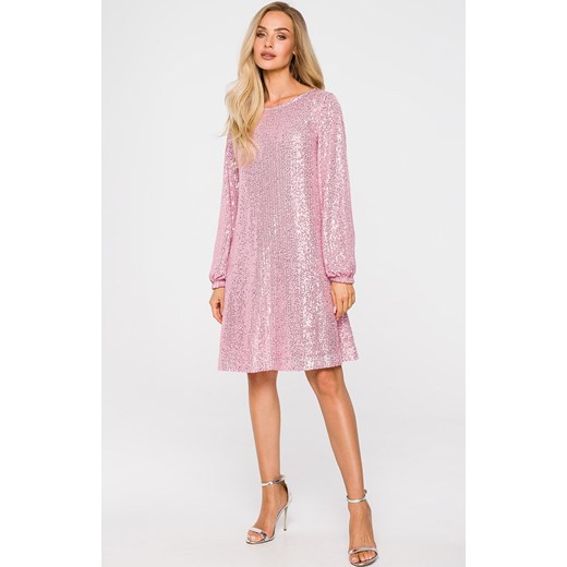 Sukienka cekinowa rozkloszowana z paskiem w kolorze pudrowy róż M715, Kolor Moe L Primodo