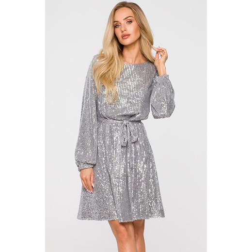 Sukienka cekinowa rozkloszowana z paskiem w kolorze srebrnym M715, Kolor Moe M Primodo
