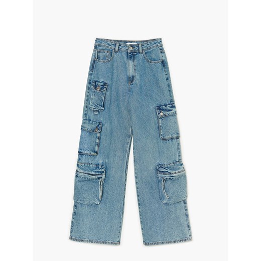 Cropp - Jeansy wide leg cargo - Niebieski Cropp 34 Cropp