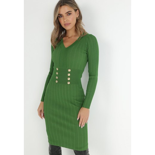 Zielona Sukienka Dzianinowa Kezas ze sklepu Born2be Odzież w kategorii Sukienki - zdjęcie 146993749
