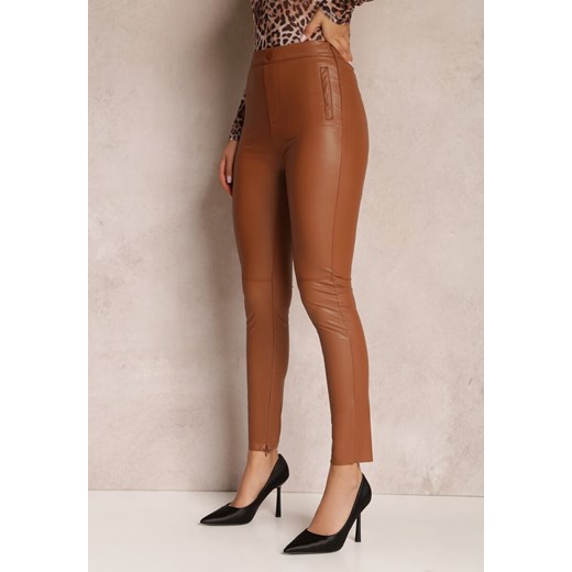 Brązowe Spodnie Skinny z Imitacji Skóry Zenara Renee XS wyprzedaż Renee odzież