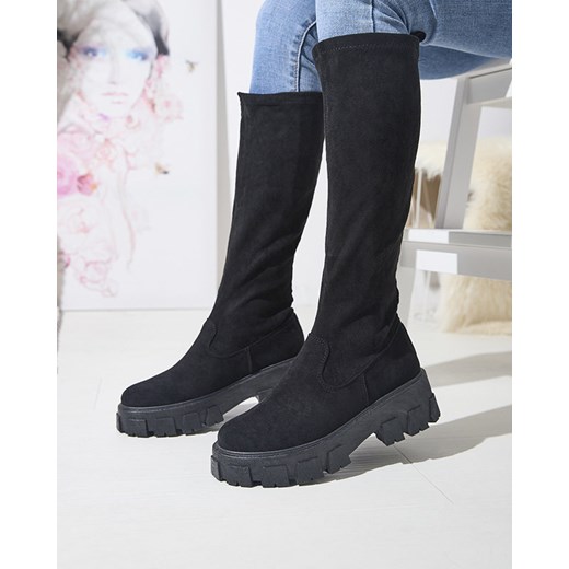 Damskie czarne wsuwane kozaki do kolana Nedara - Obuwie Royalfashion.pl 38 royalfashion.pl