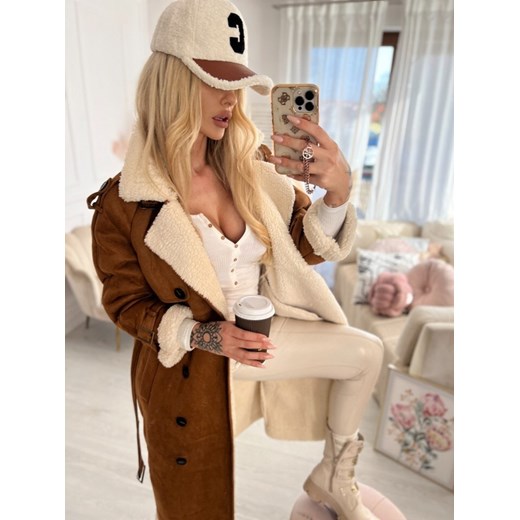 Płaszcz długi kożuch karmelowy z ecru barankiem H279 M/38 Charlotte Fashion