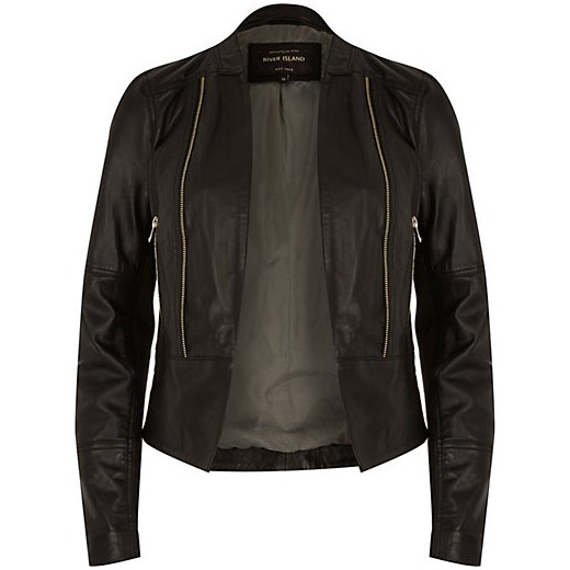 Black leather unfastened biker jacket river-island czarny kurtki