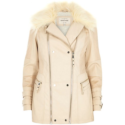 Cream leather-look faux fur collar jacket river-island bezowy kurtki